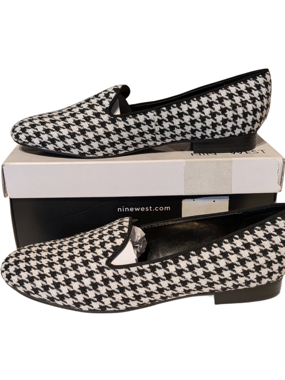 Nine West Renold2 Womens 8M Black White Houndstooth Smoking Loafers Flats